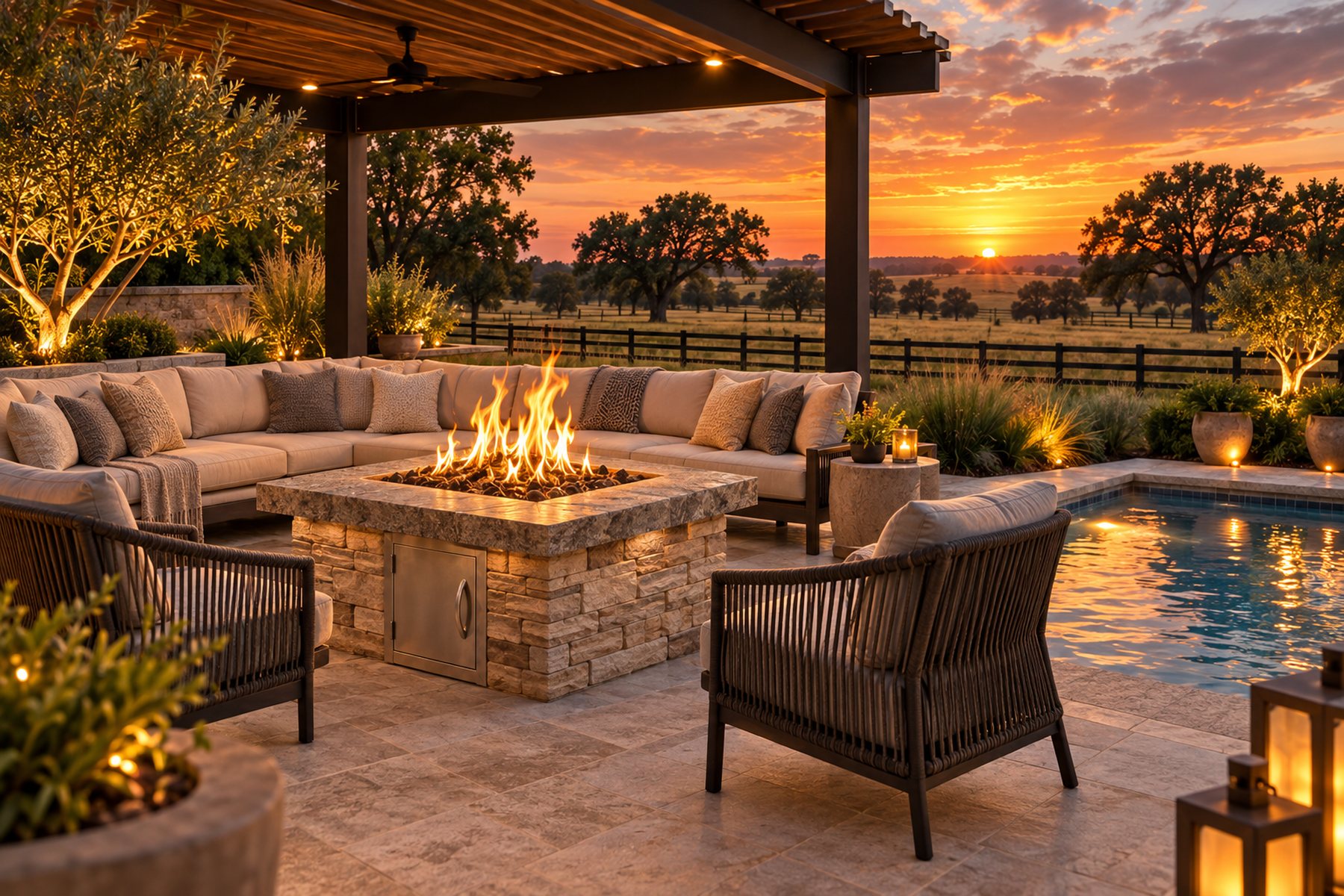 Gas fire pit by the pool at sunset