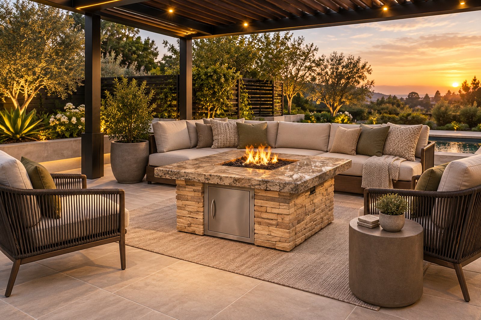 Stone fire pit with seating under a pergola