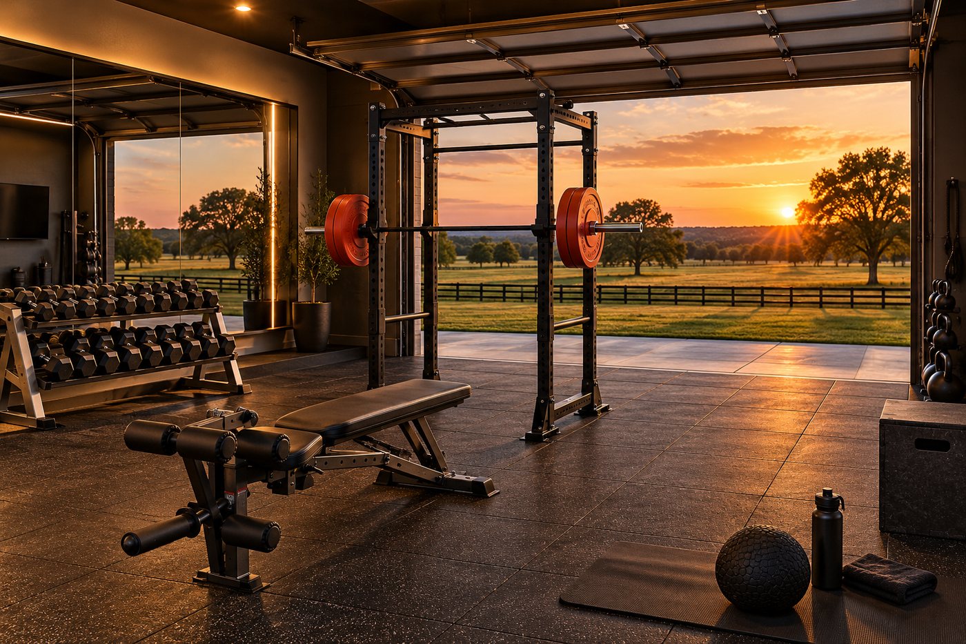 Garage home gym at sunset