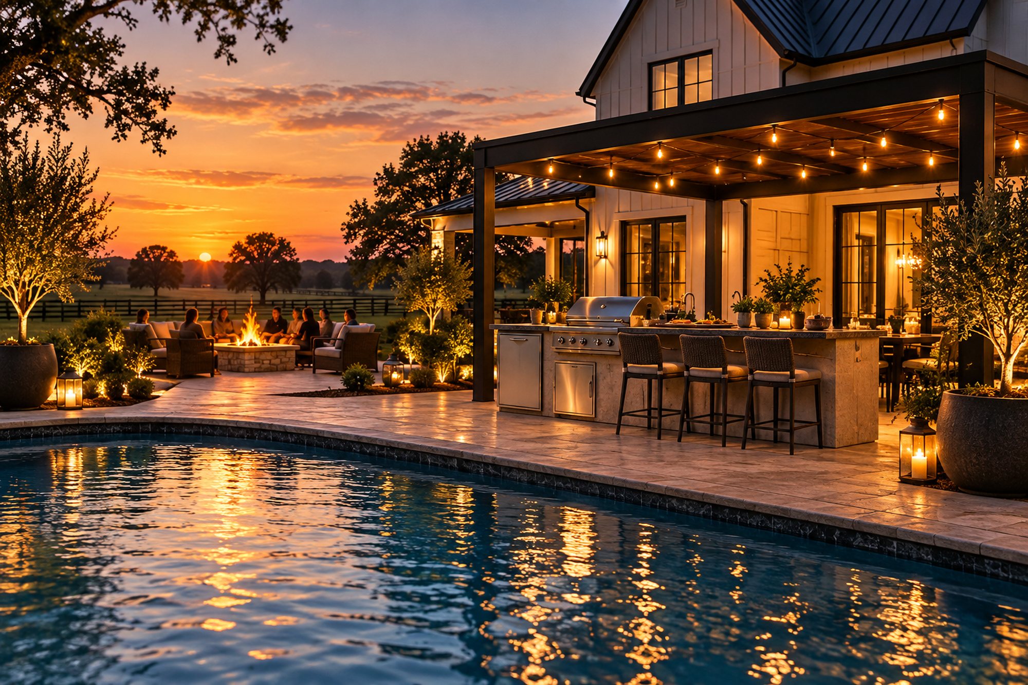 Fire pit and outdoor kitchen at dusk