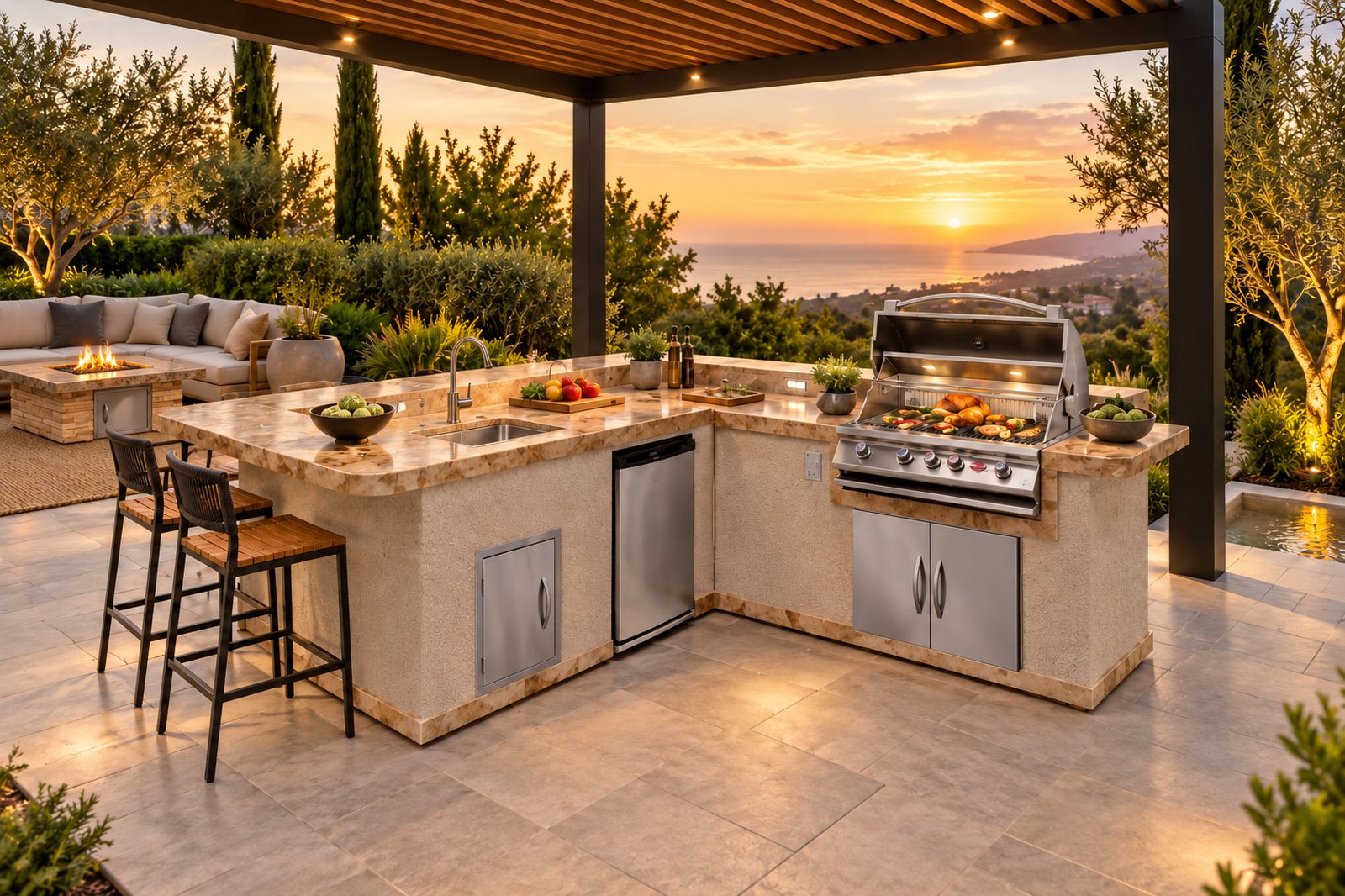 L-shaped outdoor kitchen with sink and grill