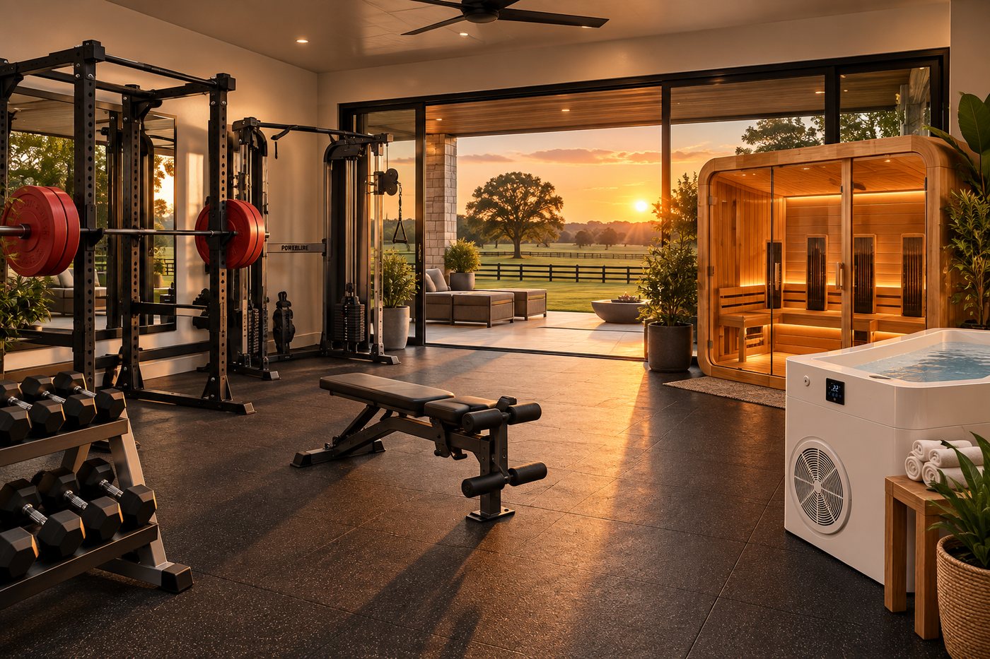 Home wellness room with gym, sauna and cold plunge