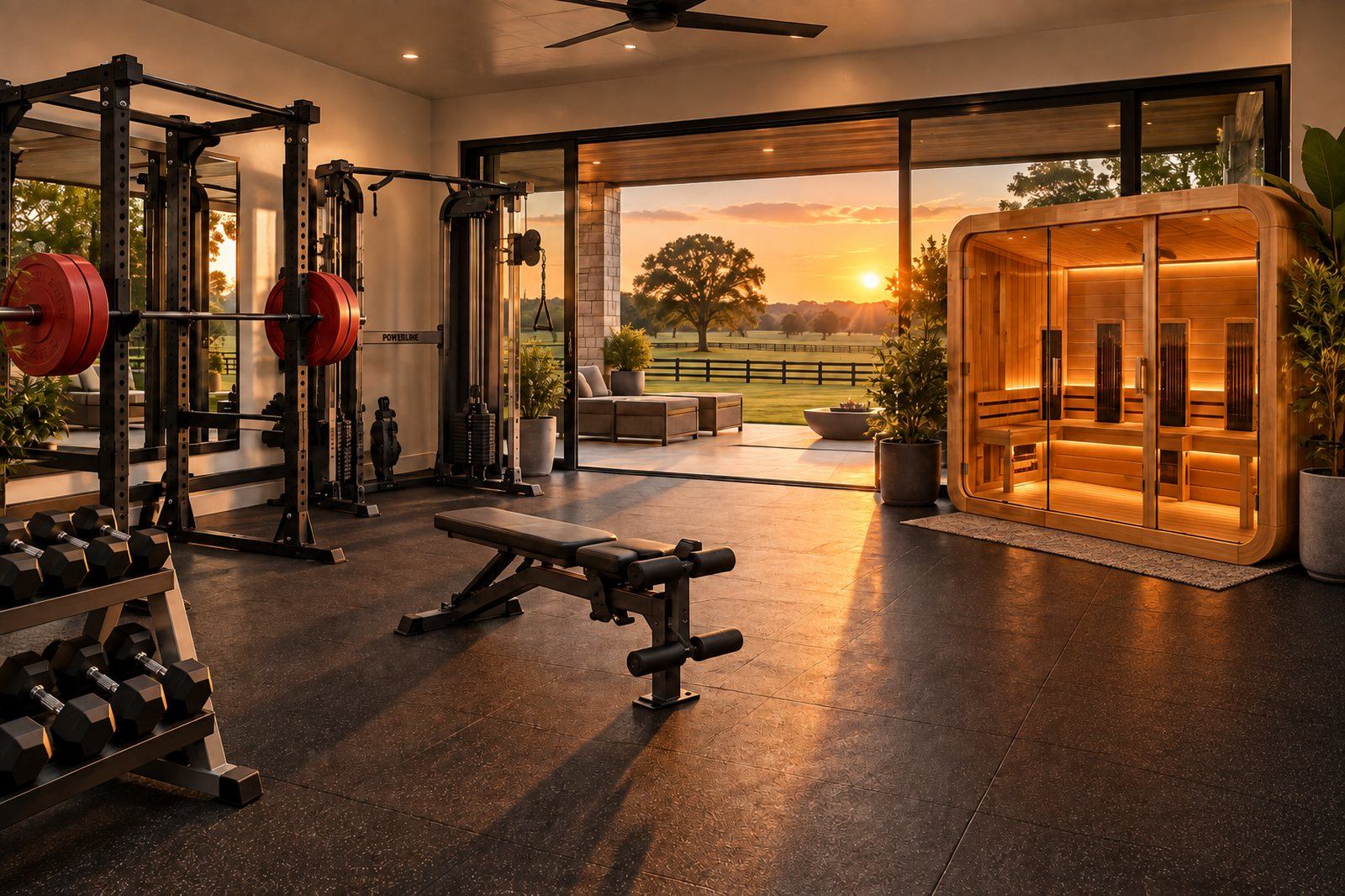 Home gym with infrared sauna
