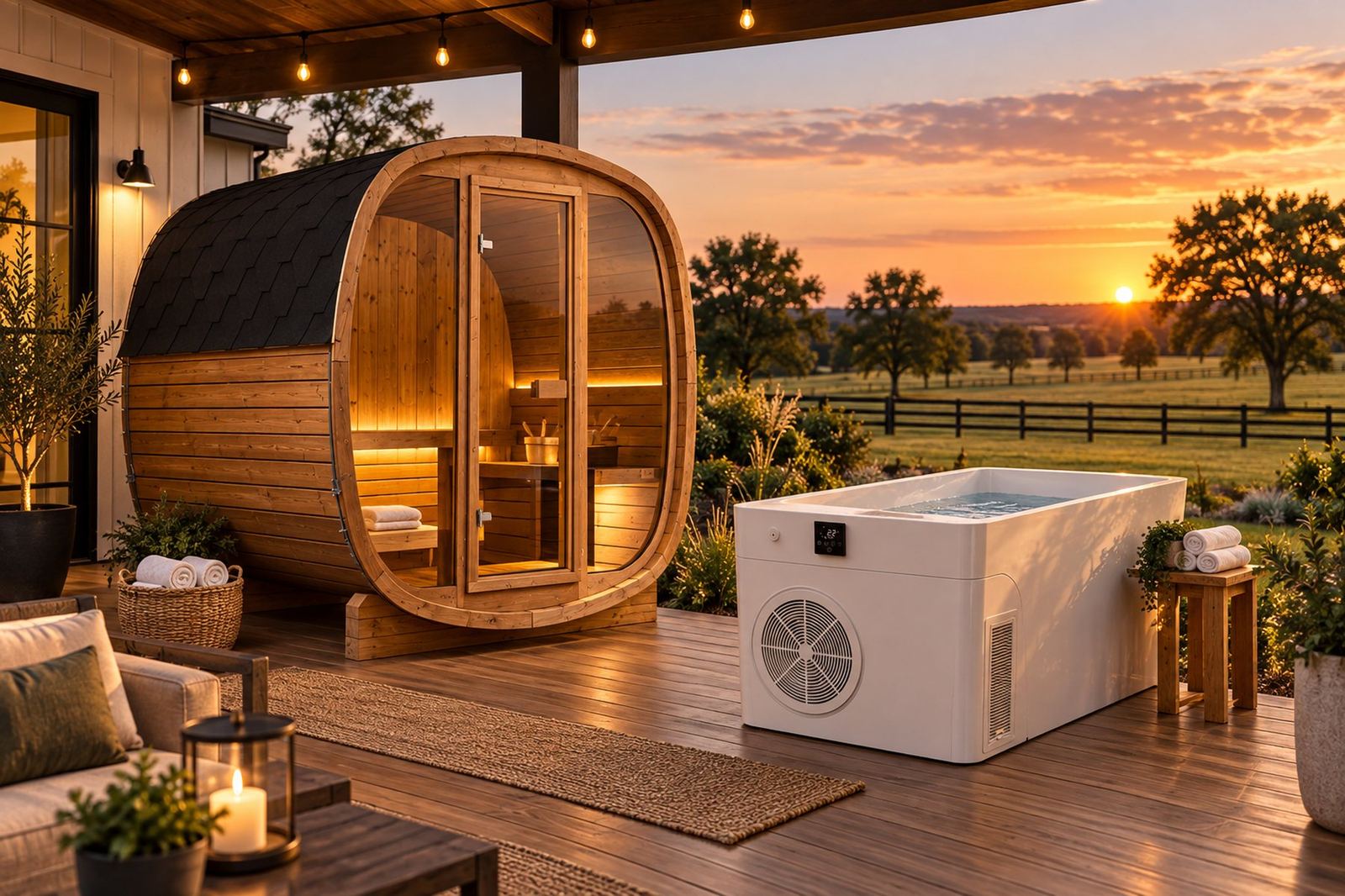 Outdoor sauna and cold plunge on a covered patio